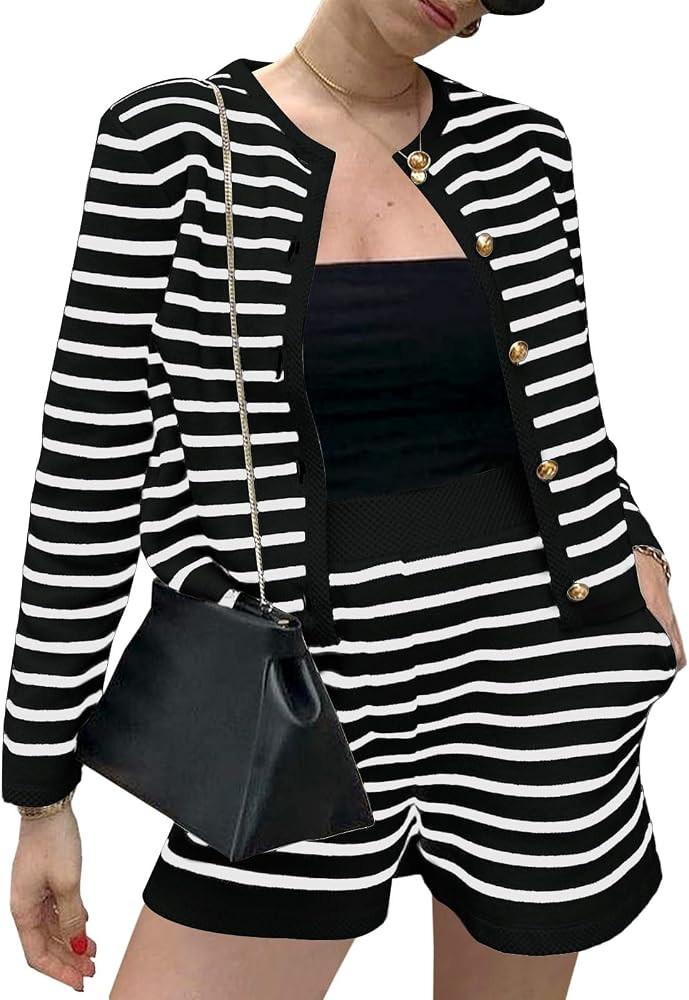 Tankaneo Women's Striped 2 Piece Outfits Long Sleeve Knit Cardigan Sweaters and Summer Shorts Set... | Amazon (US)