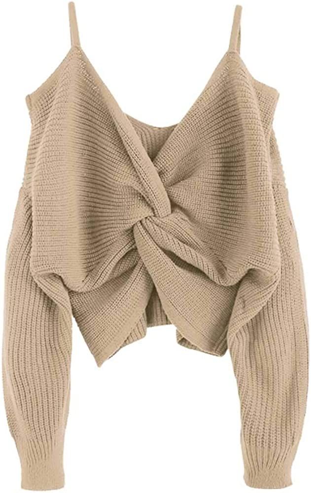 ZAFUL Women's Cold Shoulder Straps Sexy V Neck Twisted Sweater Knit Jumper Pullover Tops | Amazon (US)