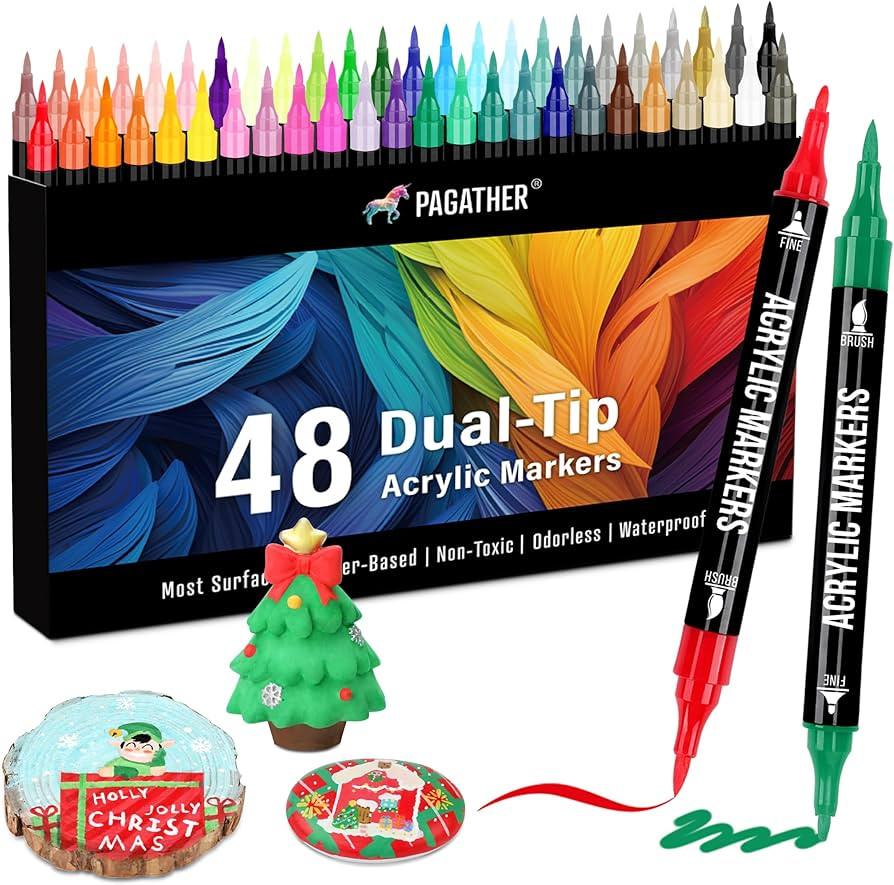 48 Colors Acrylic Paint Markers, Dual Tip with Fine Tip and Brush Tip Pens for Stone, Wood, Calli... | Amazon (US)