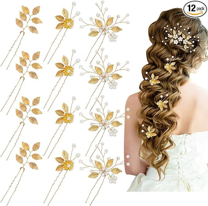 inSowni 12 Pack Wedding Prom Party Decorative Gold Hair Pins with Leaf Flower Leaves Pearl Hair C... | Amazon (UK)