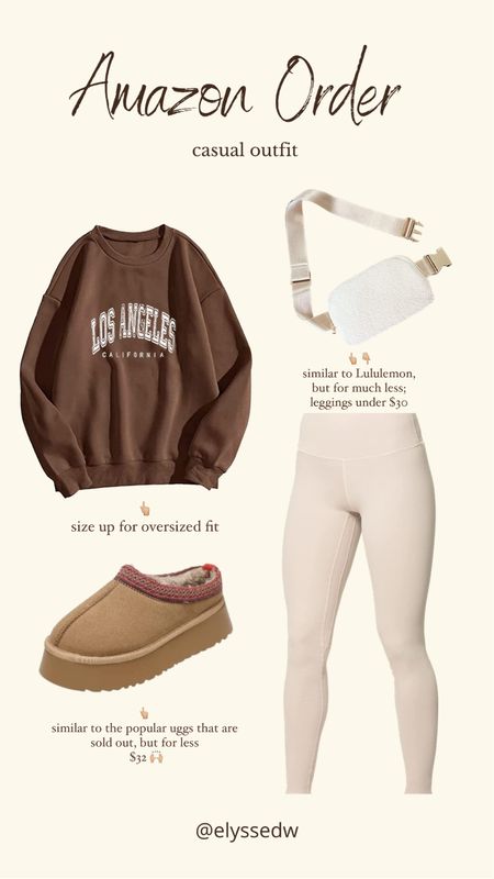 Amazon order
Looks for less
Causal outfit
Workout outfit
Cozy look
Oversized sweater shirt sized up to an XL
leggings similar to Lulu tts
Slipper similar to Uggs
Lulu belt bag for less 


#LTKshoecrush #LTKunder50 #LTKsalealert