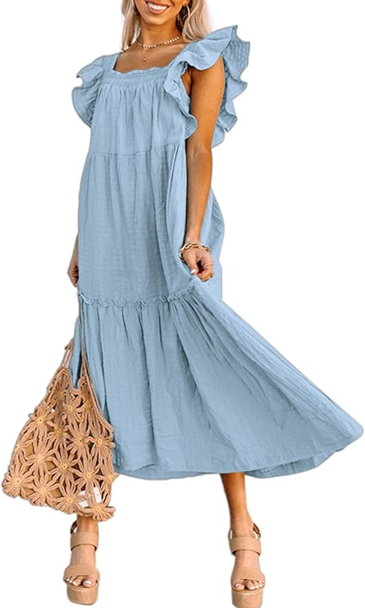 Dokotoo Women's 2024 Spring Summer Square Collar Dress Off Shoulder Style Elegant Ruffle Hemline ... | Amazon (US)