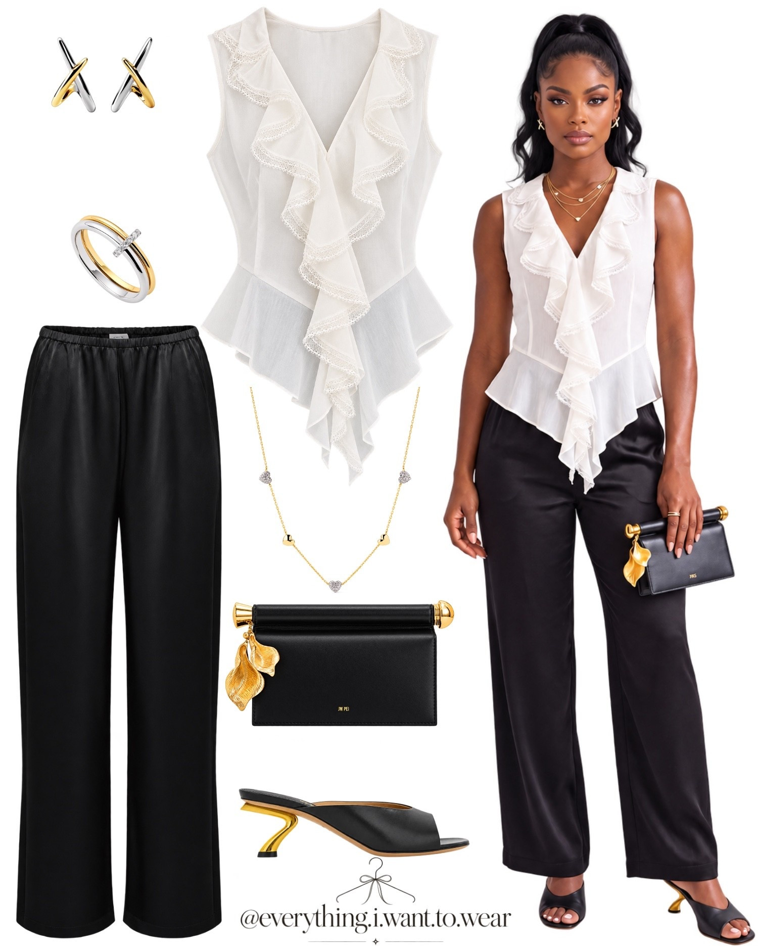 Soft ruffles and satin pants for a romantic dinner out look.