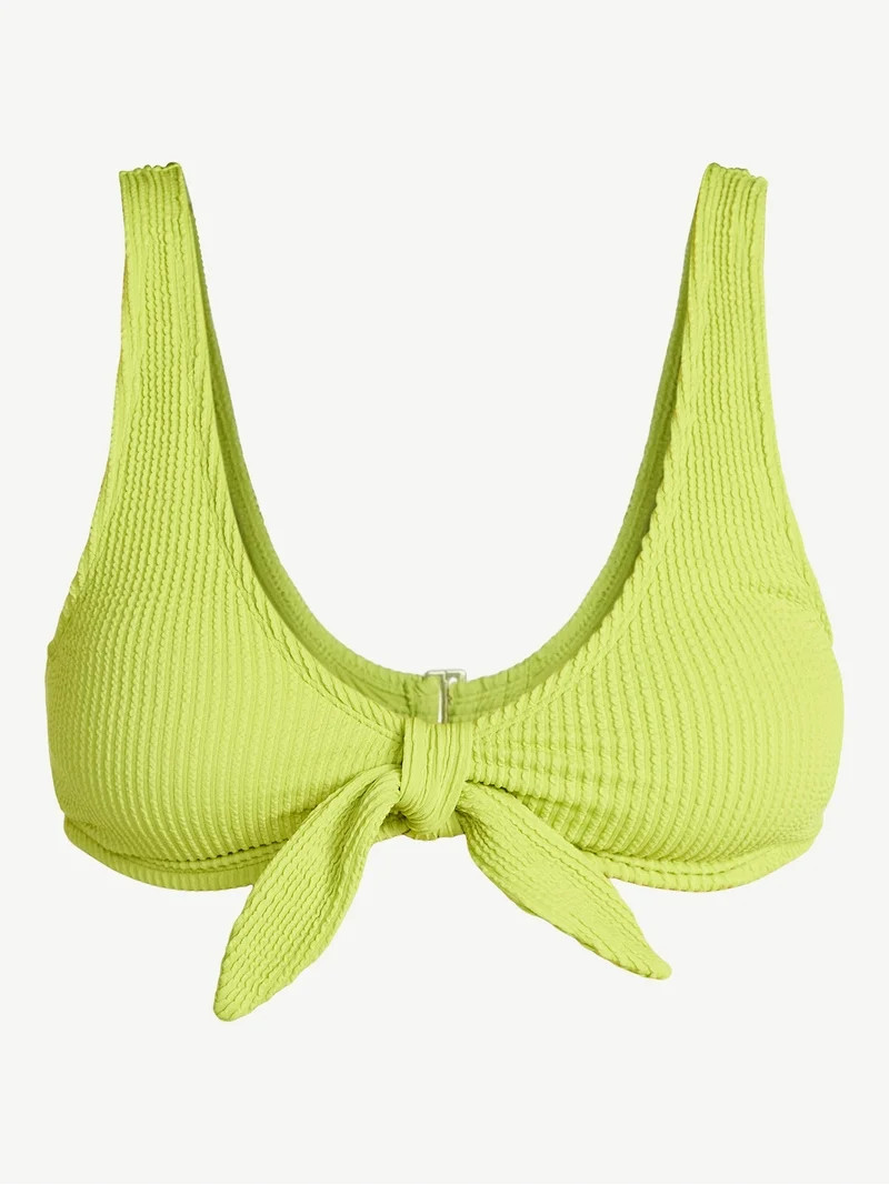 Time and Tru Women's and Women's Plus Crinkle Plunge Tie Front Bikini Top, Sizes XS-3X | Walmart (US)