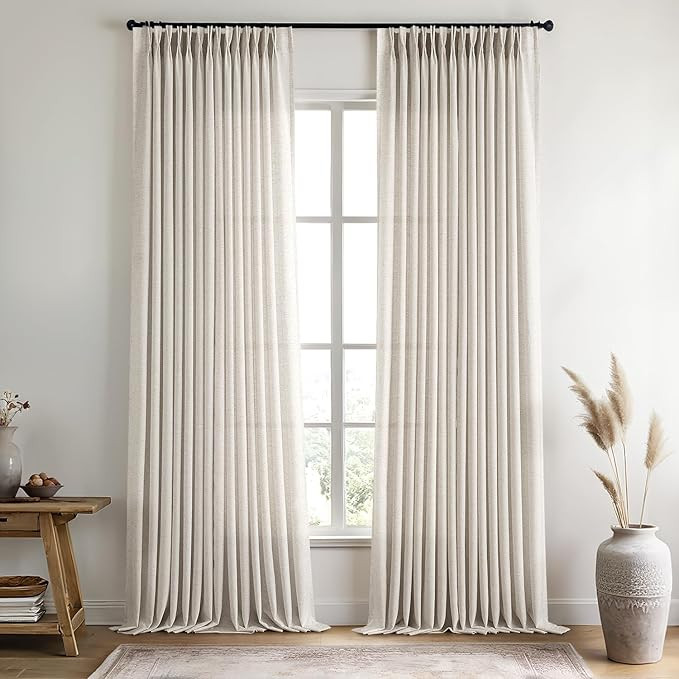 Beige Pinch Pleated Linen Sheer Curtains 96 Inches Long, Memory Shape Pleated Curtains Living Roo... | Amazon (US)
