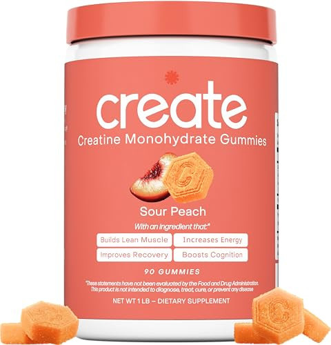 Create Creatine Monohydrate Gummies for Men & Women, Boost Focus, Strength, and Endurance, Anti-Melting Formula, Vegan, Gluten-Free, Non-GMO, 1.5g of Creatine per Gummy (Sour Peach) | Amazon (US)