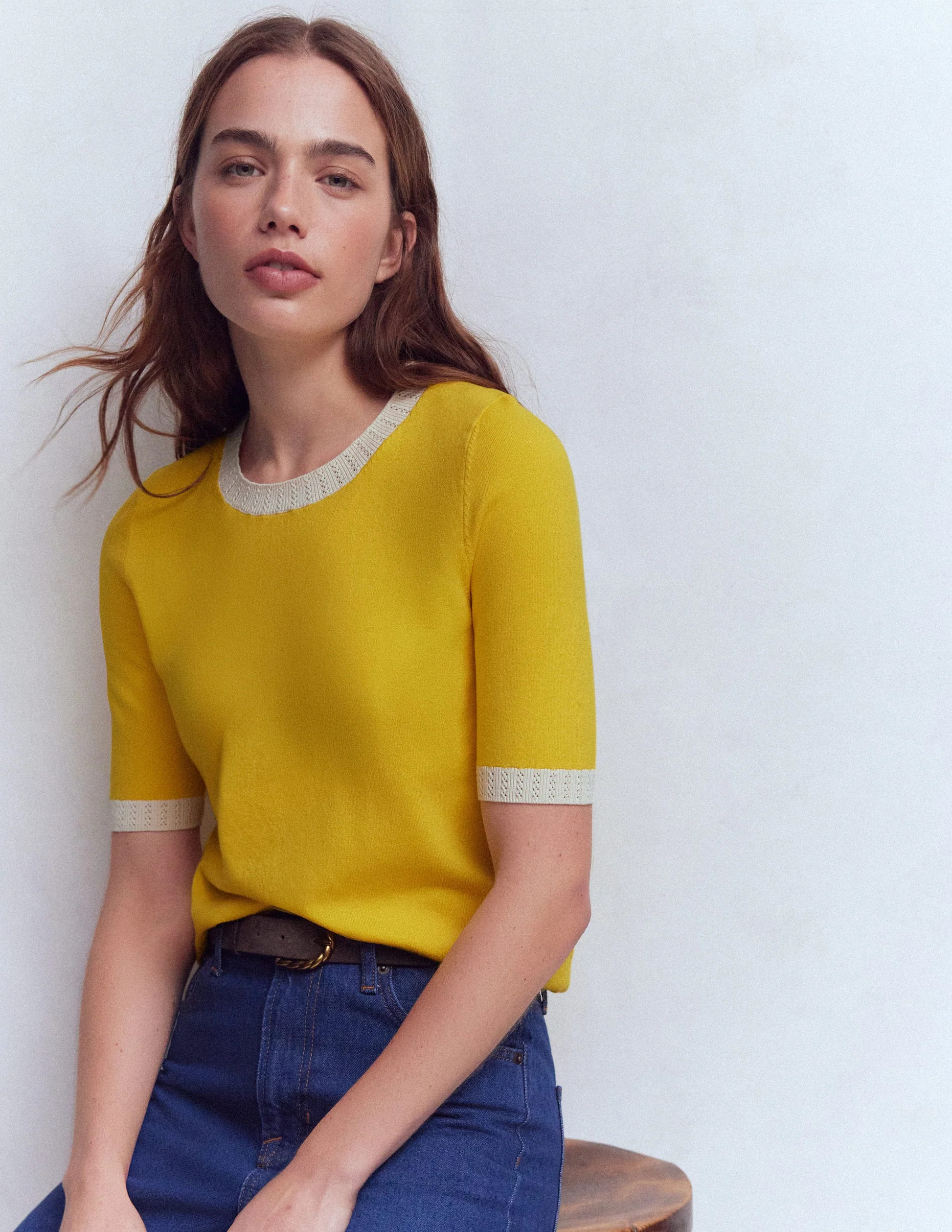 Emilia Cotton Crew T-shirt-Pineapple Yellow, Ivory | Boden (US)