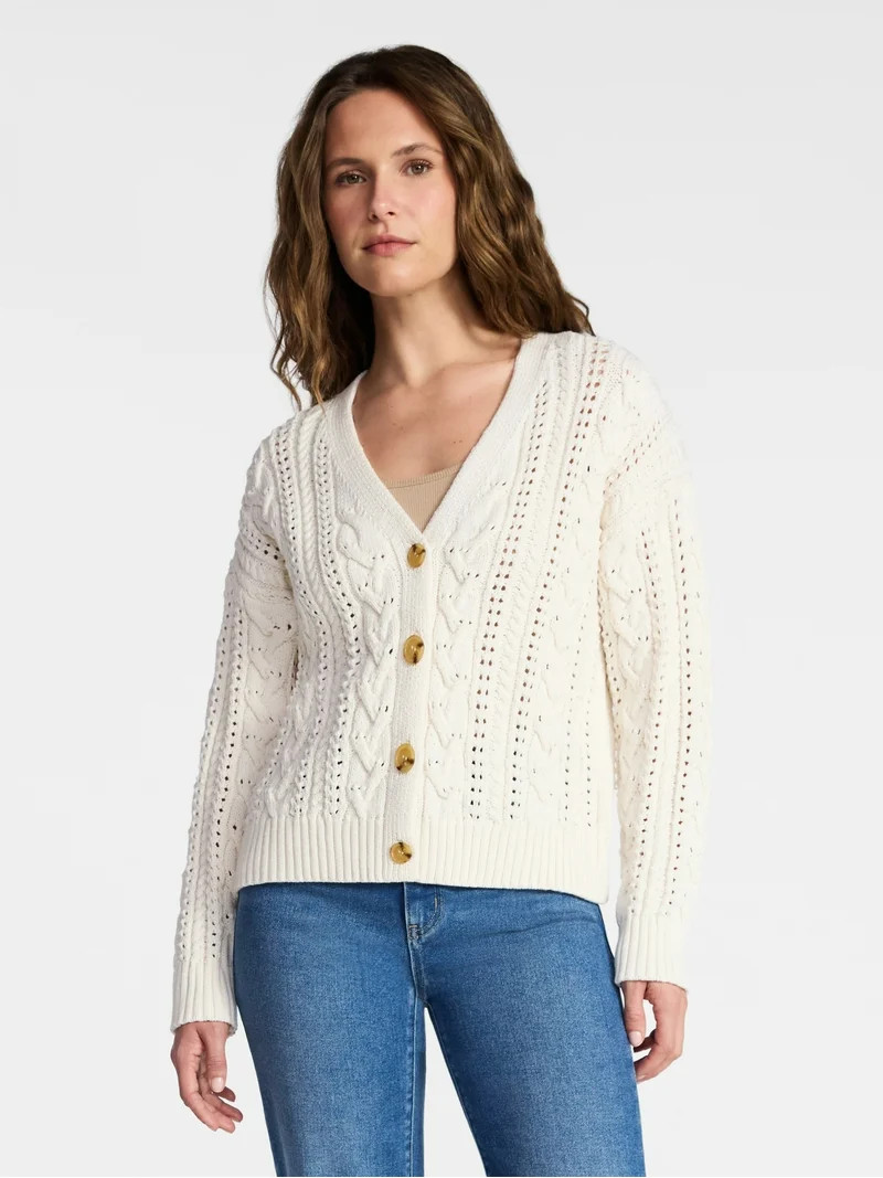 Time and Tru Women's Cable Knit Cardigan Sweater with Long Sleeves, Lightweight, Sizes XS-XXXL | Walmart (US)