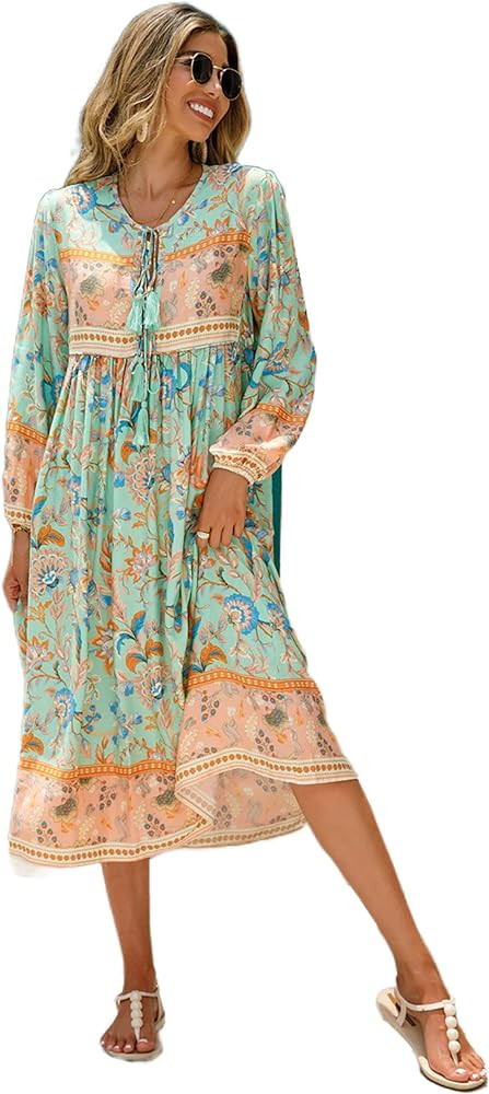 R.Vivimos Women's Long Sleeve Floral Print Retro V Neck Tassel Bohemian Midi Dresses | Amazon (US)