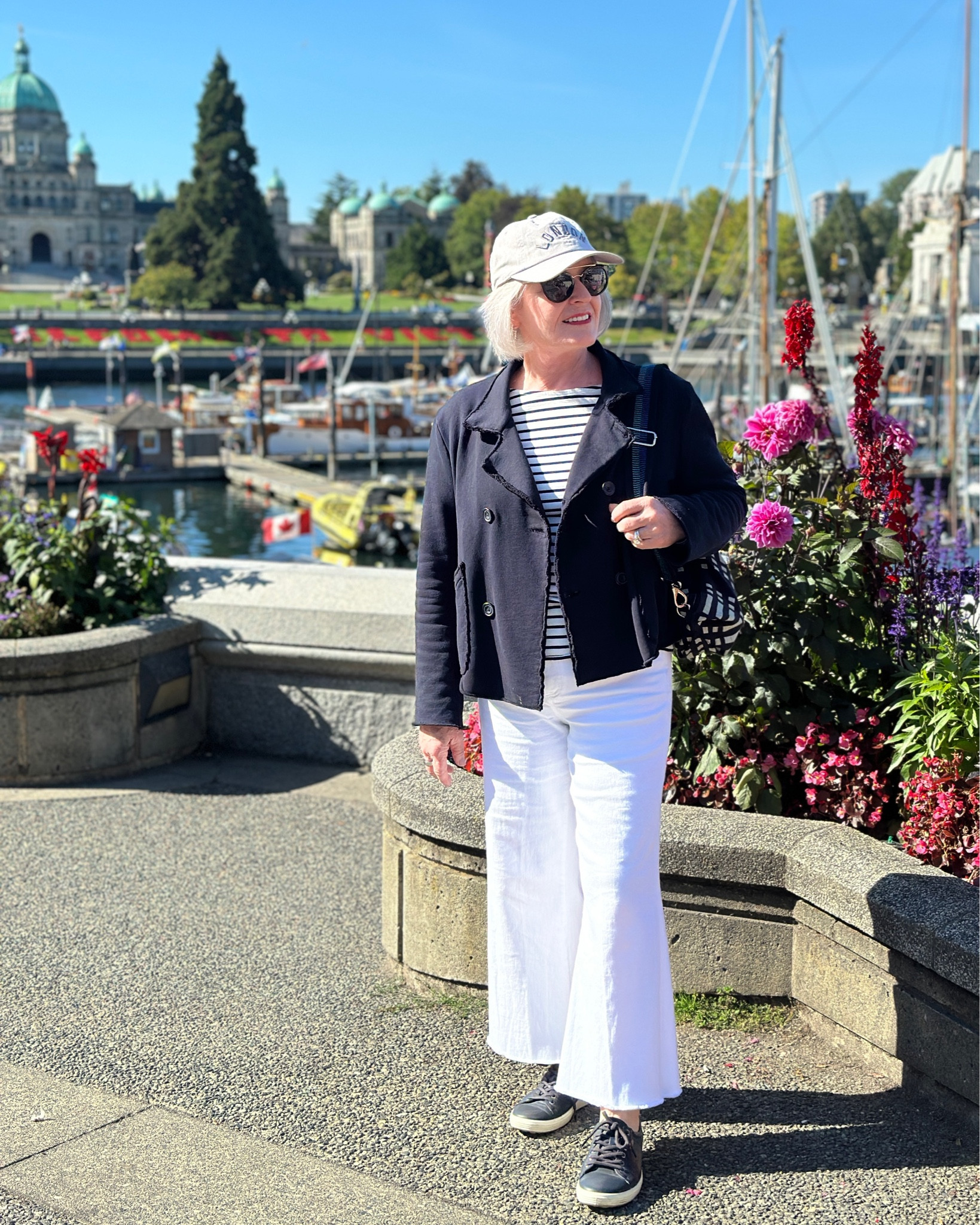 Travel is always a good idea 
Exploring Victoria. BC in stripes and Frank & Eileen. 
Wearing small in triple fleece jacket and 29 in wide leg jeans. 


#LTKTravel #LTKOver40 #LTKStyleTip