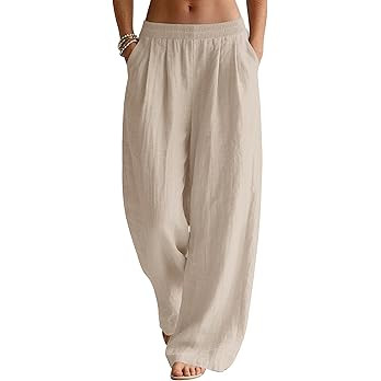 LOMON Linen Pants Women Wide Leg Palazzo Summer Flowy Pants Beach Vacation Clothes Elastic Waist ... | Amazon (US)