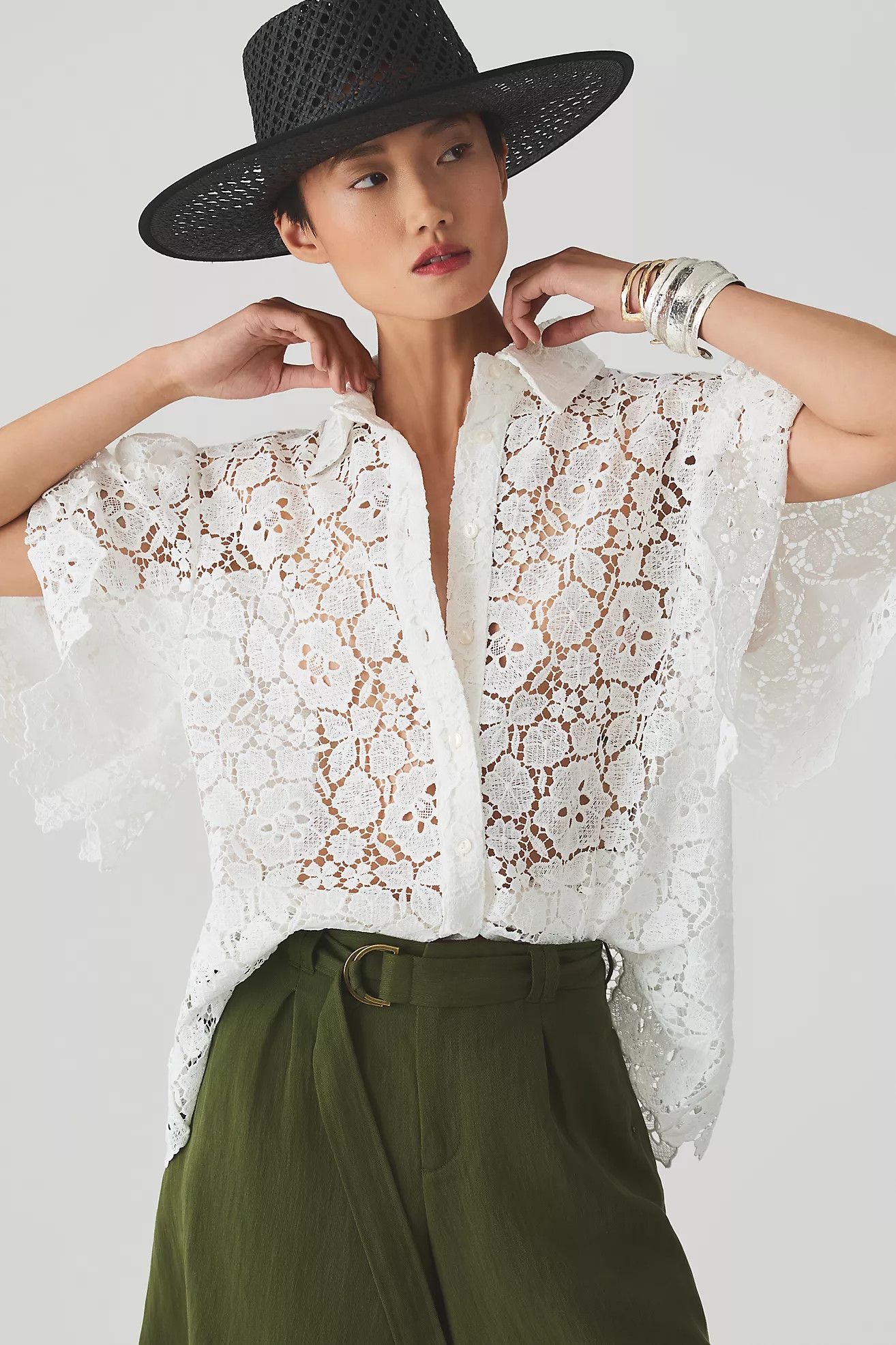 Maeve Cutout Lace Short-Sleeve Buttondown Shirt | Anthropologie (US)