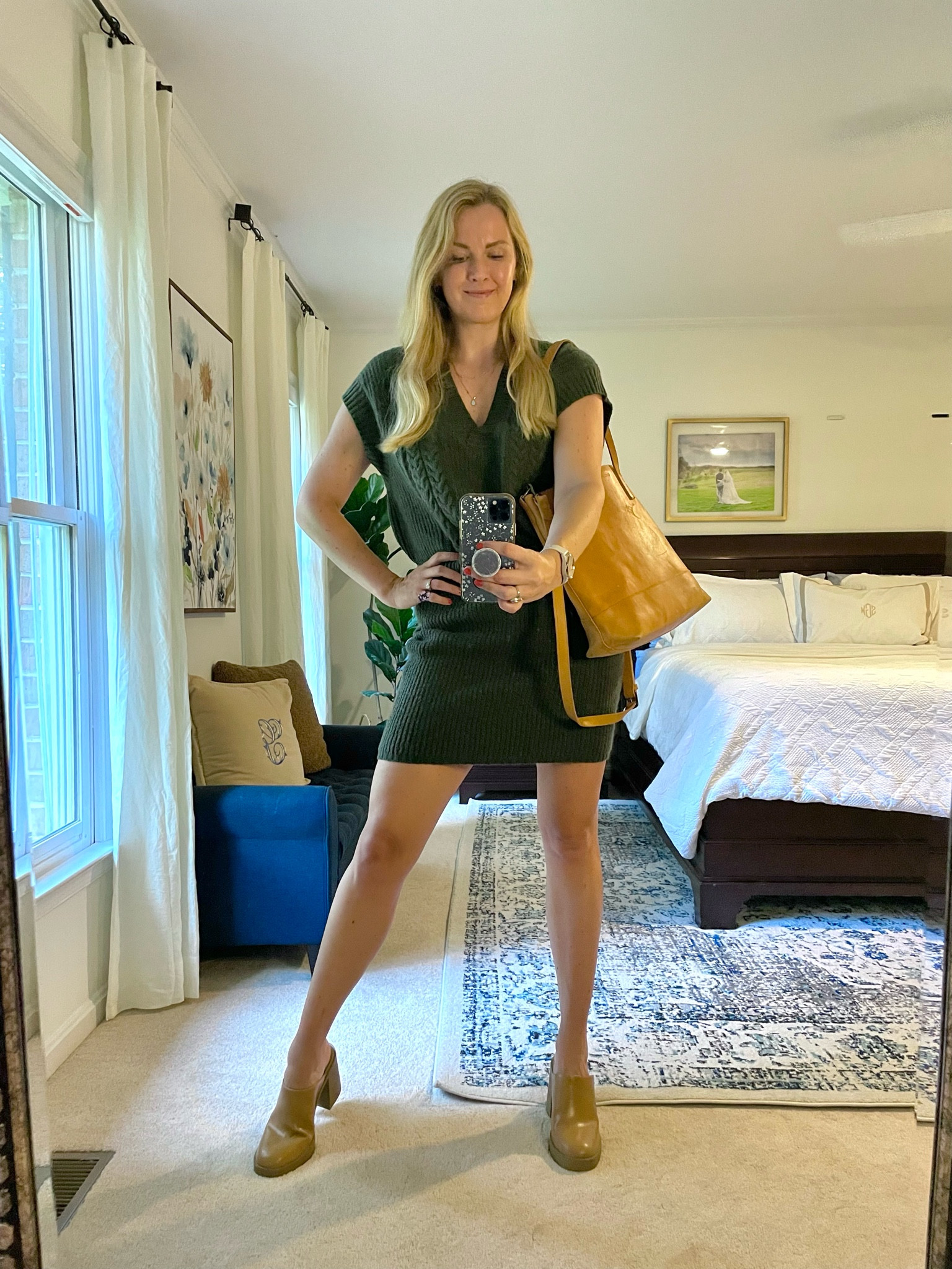 Happy hour fall outfit idea - sweater dress two piece set. Wearing my normal size in both. The v-neck sweater vest fits oversized & the skirt is fitted but true to size.

Love this look for a date night in early fall too

Mule heels are so comfortable and a great staple for fall. Fit true to size.

#LTKfindsunder50 #LTKshoecrush #LTKSeasonal