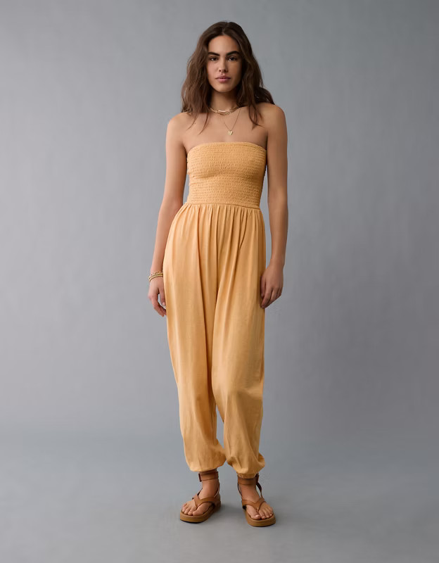 AE Sunchaser Knit Smocked Tube Jumpsuit | American Eagle Outfitters (US & CA)