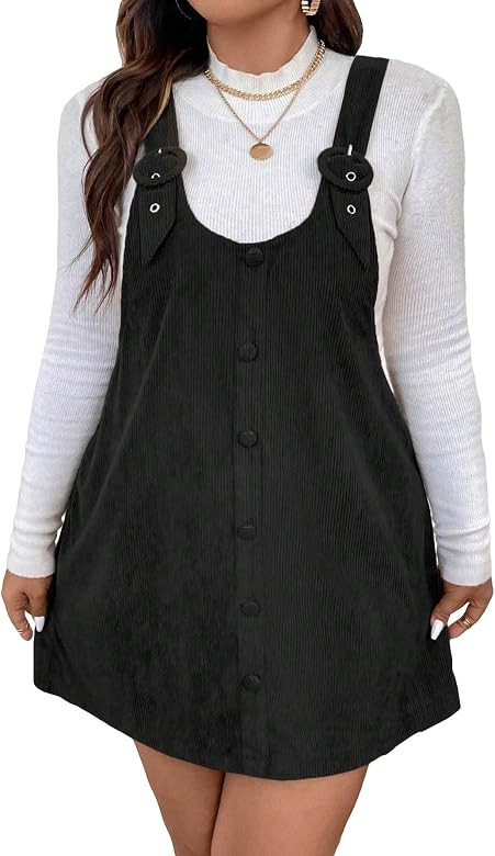 OYOANGLE Women's Plus Size Corduroy Overall Dress Button Front Strap Straight Short Pinafore Susp... | Amazon (US)