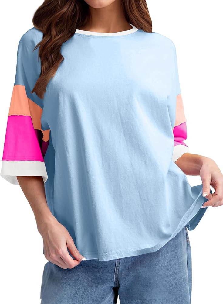 Chvity Womens Color Block Oversized Tops Stitching Short Sleeve Crewneck Tee Causal Loose Summer ... | Amazon (US)