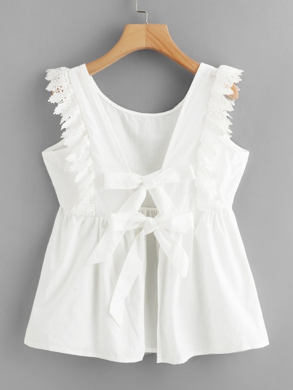 Knot Back Lace Trim Blouse | SHEIN