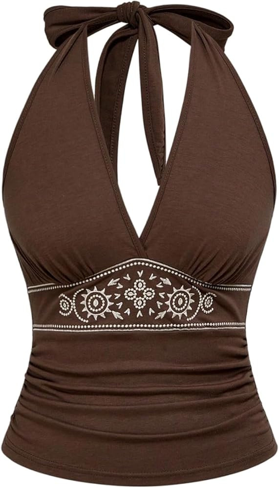 Women's Y2K Western Top Halter Cowboy Cowgirl Hippie Top Boho Ruched Going Out Backless Halter Ta... | Amazon (US)