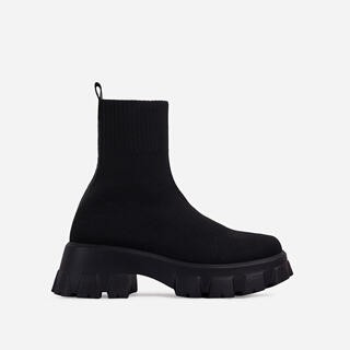 Don't-Trust Chunky Sole Ankle Chelsea Sock Biker Boot In Black Knit | EGO (UK)
