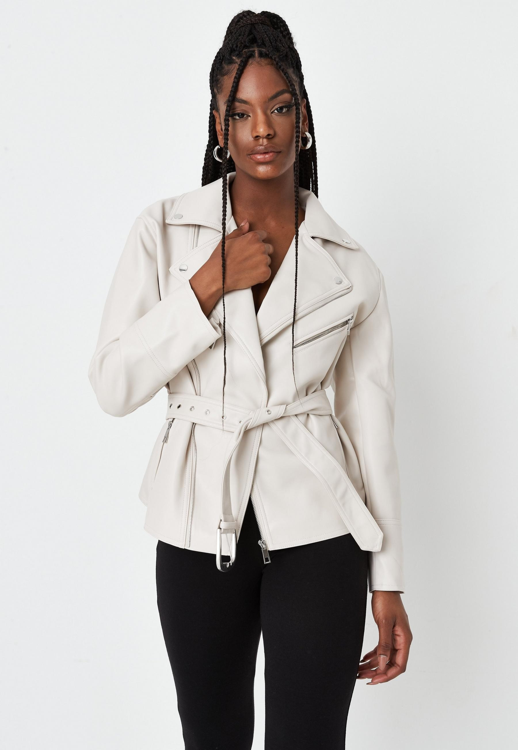 Missguided - Ecru Faux Leather Belted Waist Biker Jacket | Missguided (US & CA)