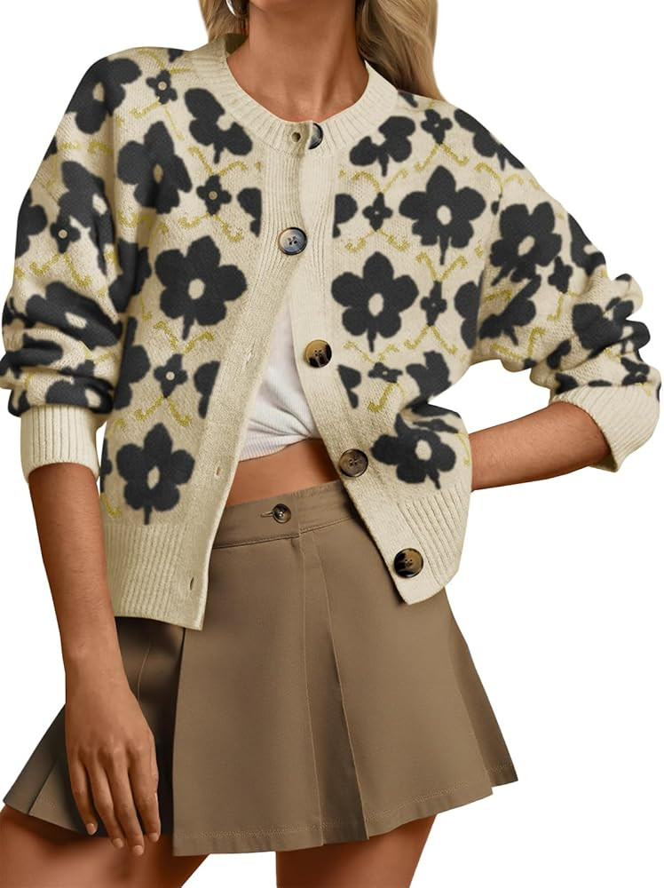 Saodimallsu Womens Floral Cardigan Sweaters Long Sleeve Open Front Button Down Knit Retro Sweater... | Amazon (US)