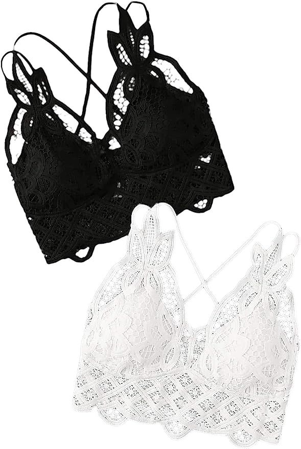 Amazon.com: Floerns Women's Sexy Lace V Neck Criss Cross Back Bralette Crop Top Black White L : C... | Amazon (US)