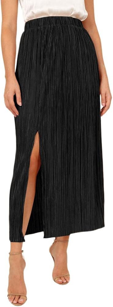 Rooscier Women's Pleated Side Split Elastic High Waist Shiny Party Midi Long Skirts | Amazon (US)