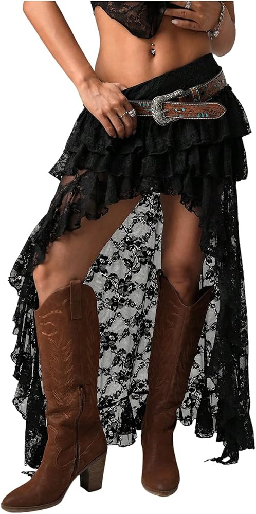 BEAUDRM Women's Floral Lace Boho Maxi Skirt Drop Waist Ruffle Sheer Mesh Cowgirl Vacation Skirt | Amazon (US)