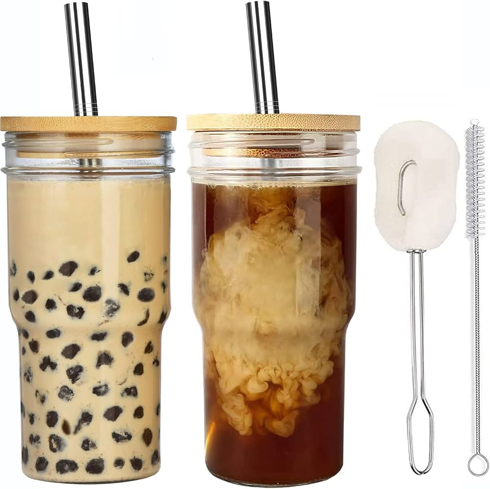 ALINK Reusable Boba Cup Smoothie Tumbler Glass Bubble Tea Cup, 2 Pack Wide Mouth 22oz Iced Coffee... | Amazon (CA)