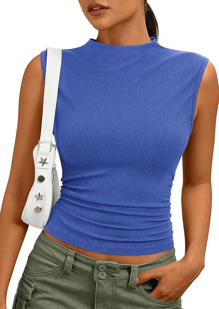 PRETTYGARDEN Sleeveless Tops for Women Ribbed Mock Neck Tank Top Slim Fitted Ruched Basic Layerin... | Amazon (US)