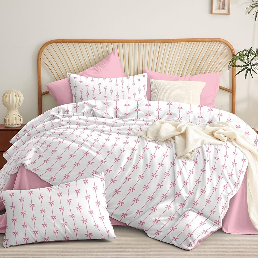 Comforter Set Full Size White - Pink Bow Quilt Bedding Set 3 Pieces, Comforter Set Full, Soft & L... | Amazon (US)