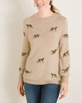 Cashmere-Blend Embroidered Cheetah Sweater | Chico's
