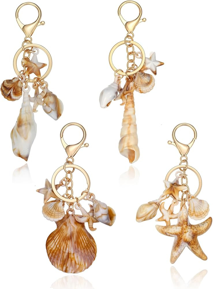 4 Pcs Ocean Themed Keychains for Women - Resin Seashell Starfish Boho Beach Bag Charms with Gold-... | Amazon (US)