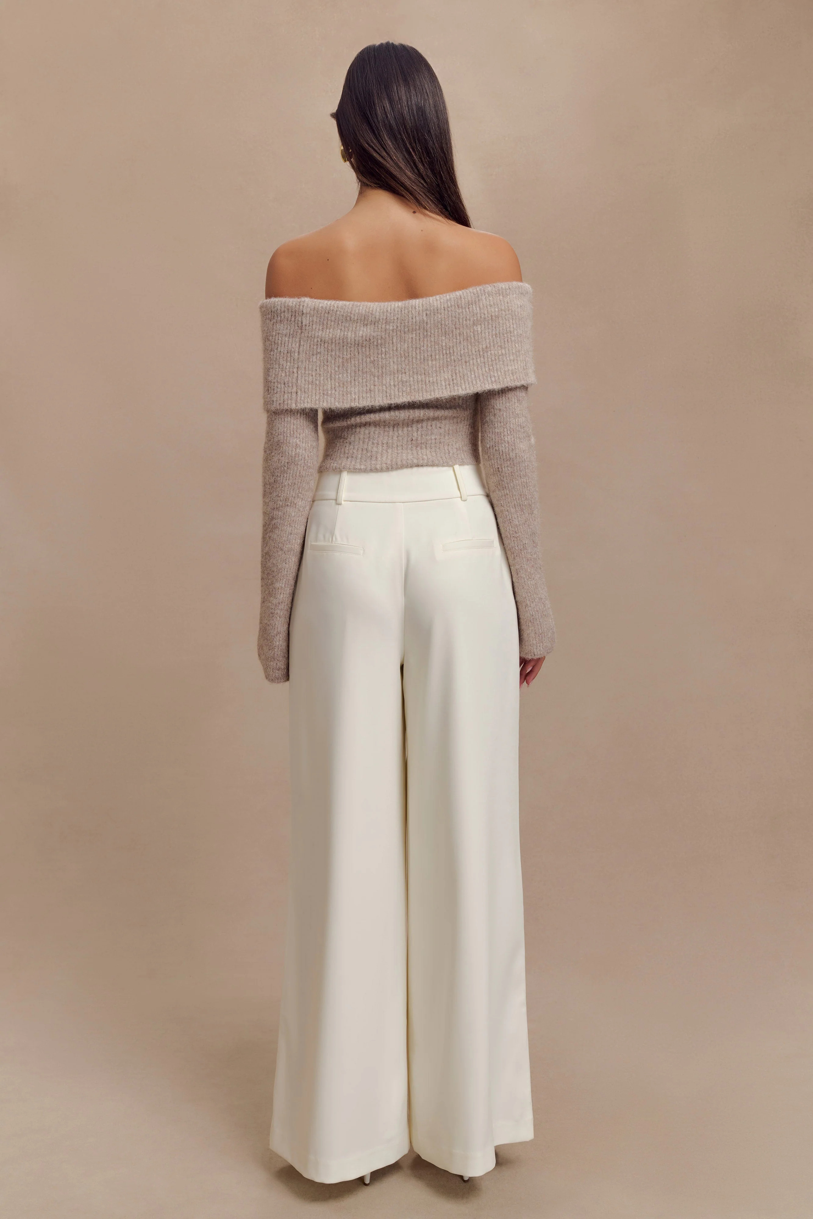 Baxter Off Shoulder Fluffy Knit Top - Taupe | MESHKI US