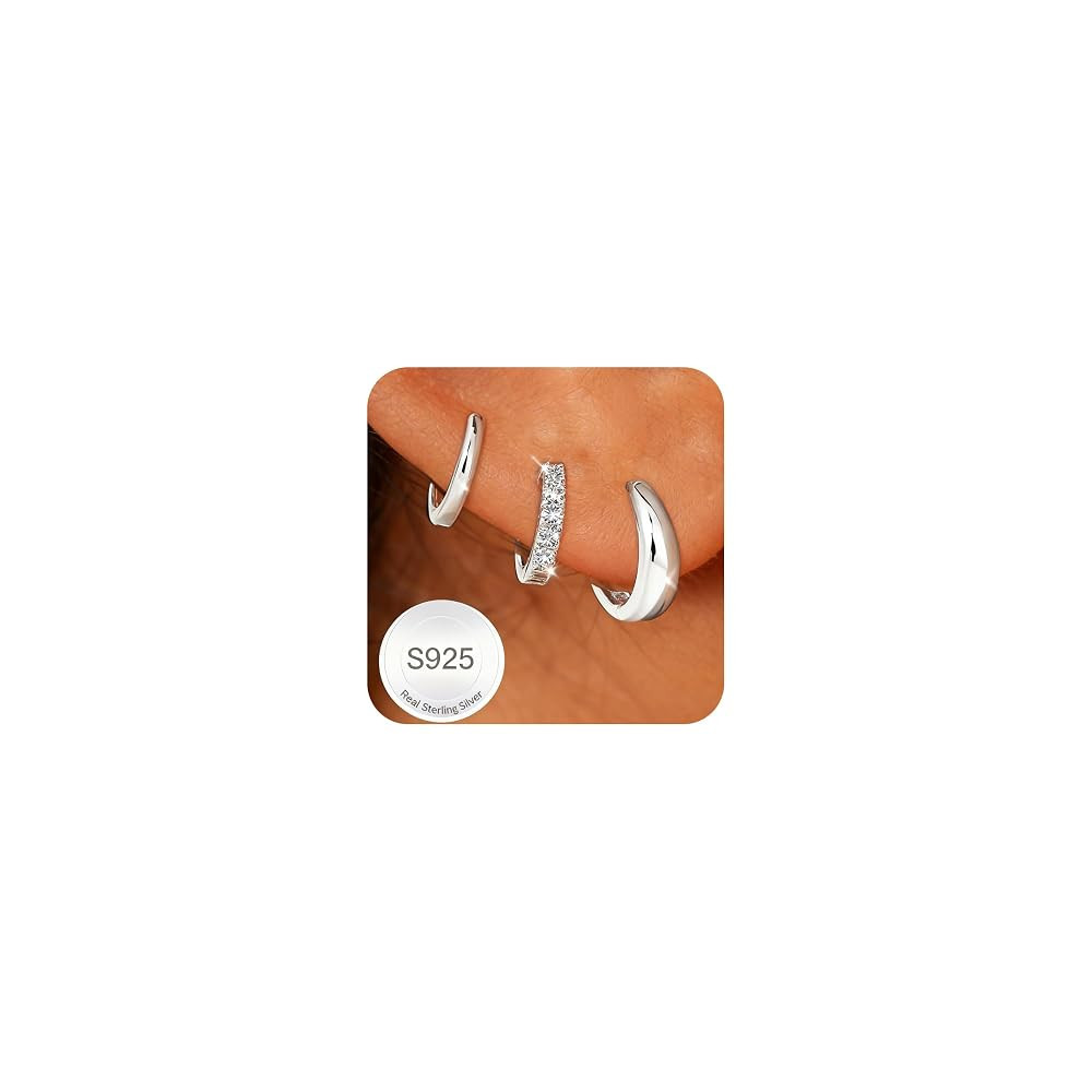 3 Pairs 925 Sterling Silver Earrings for Women Non Tarnish Small Hypoallergenic Huggie Hoop Earri... | Amazon (US)