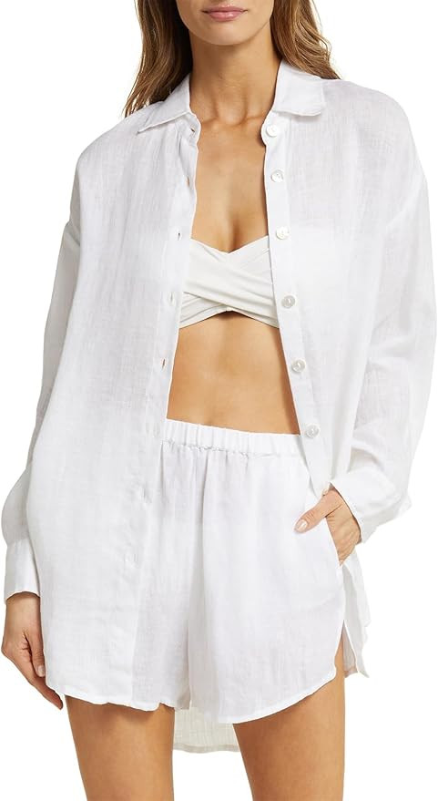 SUNNOW Women's Longline Oversized Shirt Long Sleeve Relaxed Fit Cover Up Beach to Street Button D... | Amazon (US)