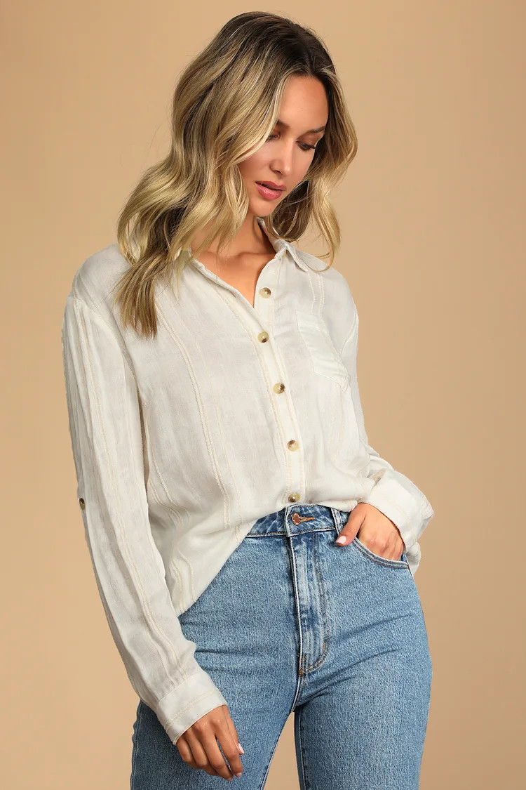Casual Conversations Ivory Striped Button-Up Long Sleeve Top | Lulus (US)