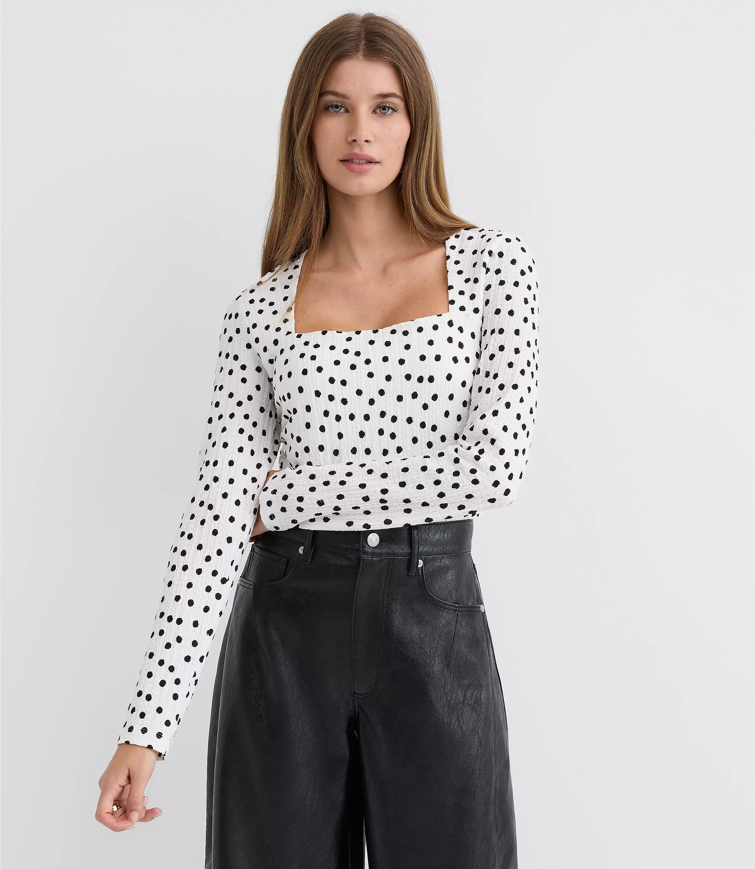 Dot Textured Ruched Square Neck Top | LOFT