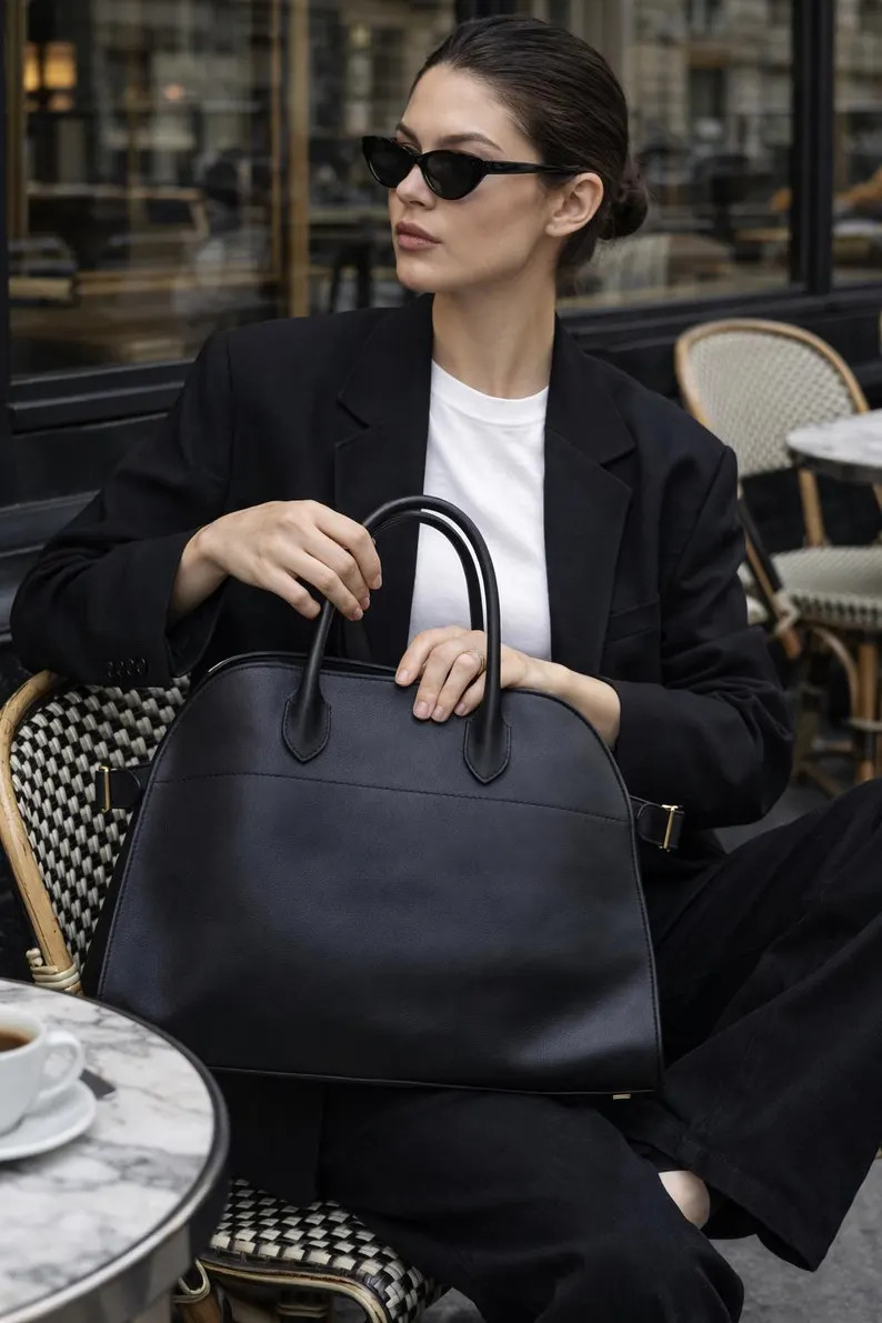 Black Minimalist Leather Tote Bag \u2013 Structured 17\u201d Work Handbag for Women, Soft Full Gr... | Etsy (Global)
