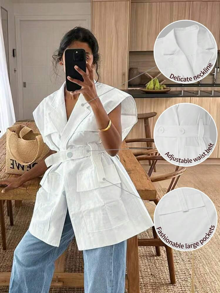 INAWLY Plus Size Women's Casual Fashionable V-Neck Multi Pocket Waist Elastic Waistband Style Vest Coat, Autumn &Winter | SHEIN