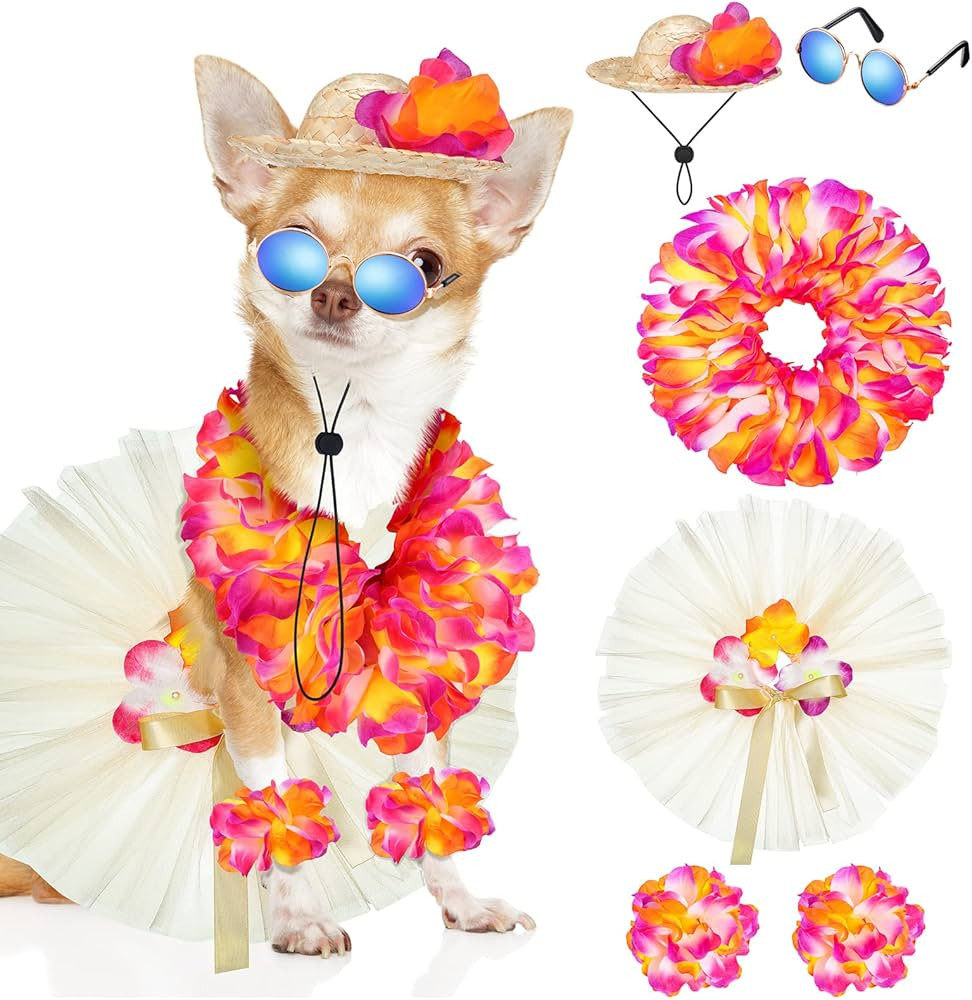 6 Pcs Halloween Pet Dog Hawaiian Costume Includes Dog Tutu Skirt Dog Sunglasses Summer Grass Dog ... | Amazon (US)