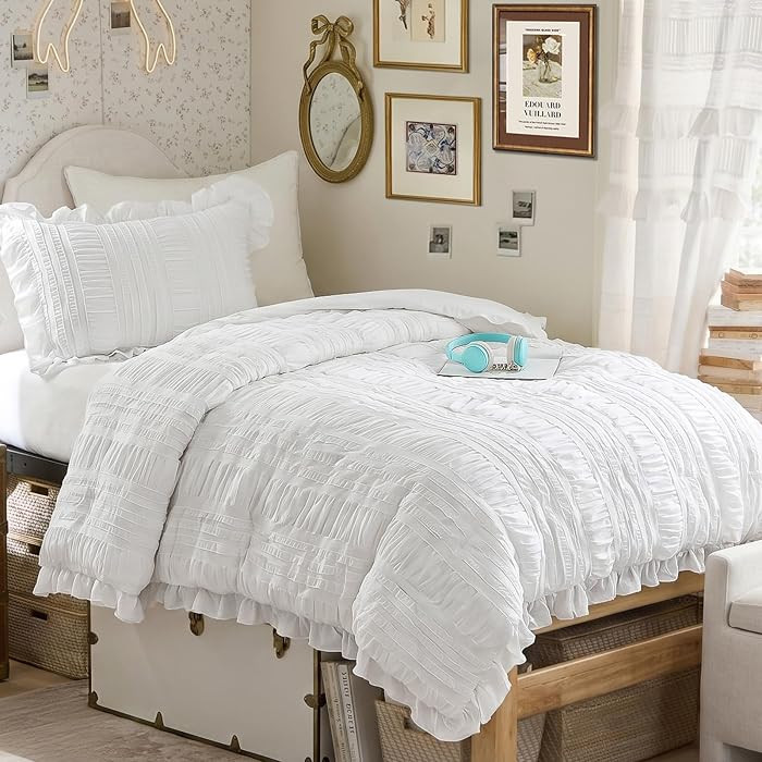 WONGS BEDDING Comforter Full Size, White Ruffle Comforter for Dorm Room Essentials for Full Bed, ... | Amazon (US)