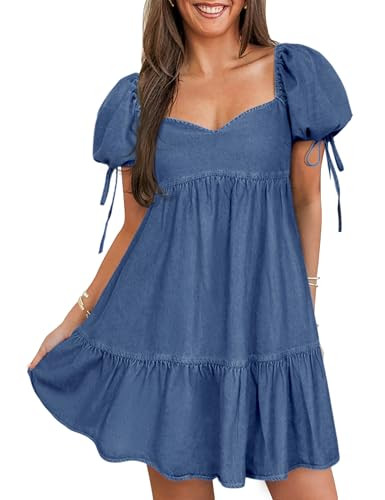 Denim Dress for Women Puff Short Sleeve Jean Dresses Sweetheart Neck Denim Mini Dress | Amazon (US)