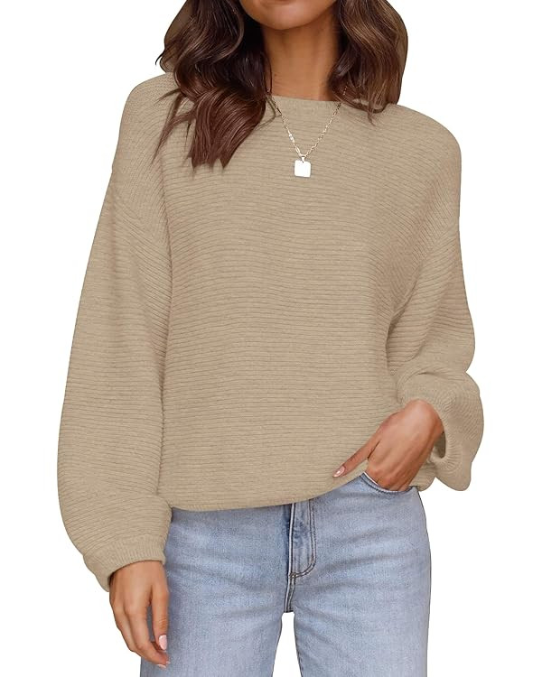 ZESICA Women's 2024 Crew Neck Long Lantern Sleeve Casual Loose Ribbed Knit Solid Soft Pullover Sw... | Amazon (US)
