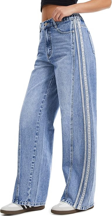 Tapata Women's 28"/30"/32"/34" Wide Leg Jeans Side Stripe Mid-Rise Elastic Waist Denim Pants Tren... | Amazon (US)