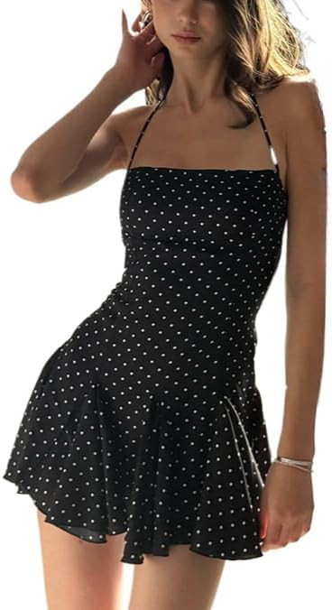 Polka Dot Halter Mini Dress for Women Y2k Sleeveless Ruffle Hem Backless Mini Dress Vintage Stree... | Amazon (US)