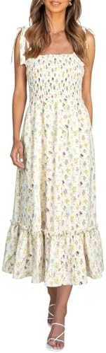 Imily Bela Womens Summer Floral Boho Dress Tie Strap Square Neck Smocked Ruffle A Line Beach Long... | Amazon (US)