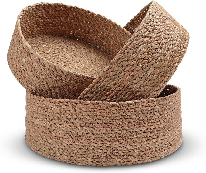 Woven Round Seagrass Basket Tray Set for Home - 3 Decorative Storage Baskets for Organizing and S... | Amazon (US)