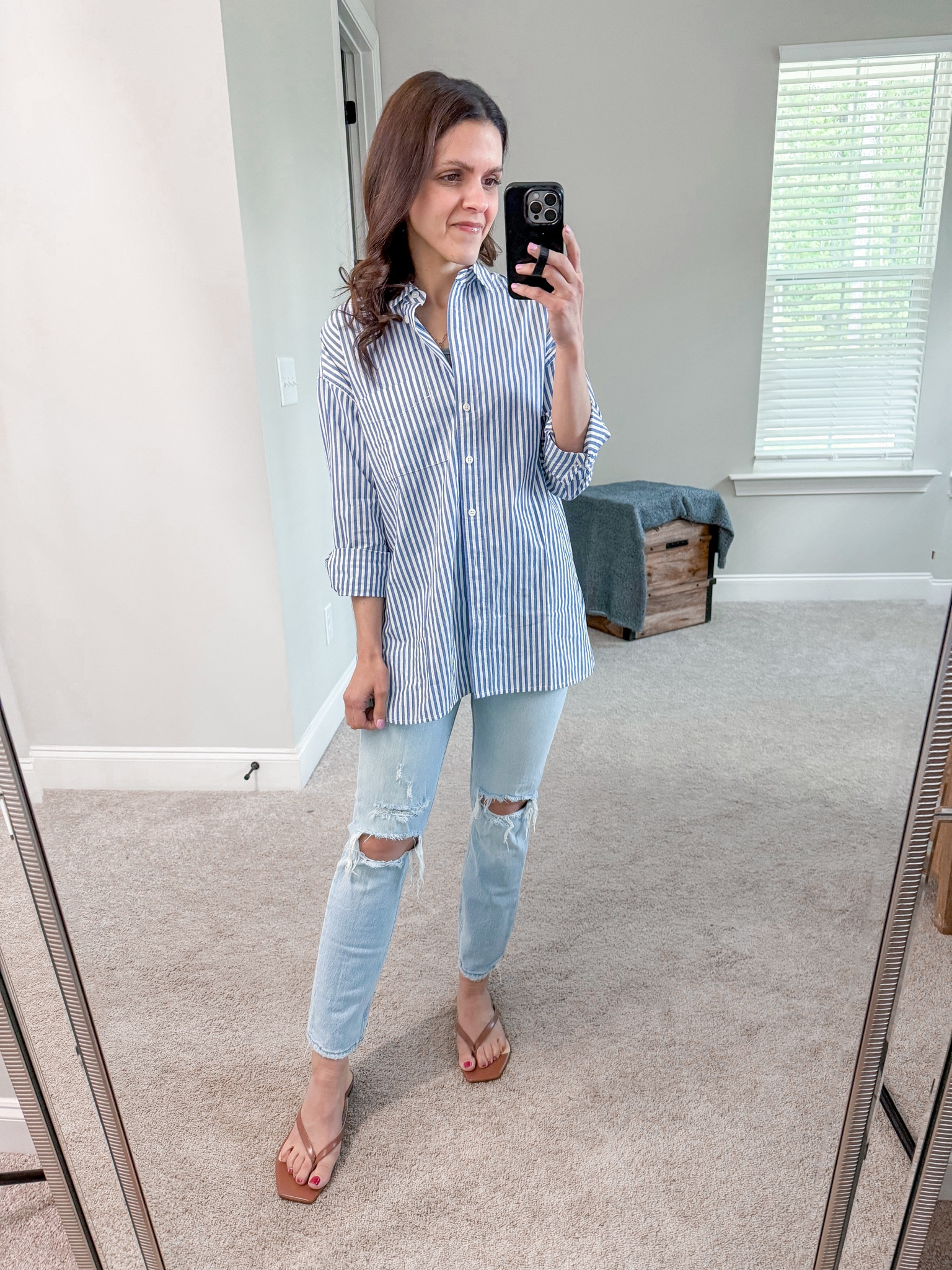 #ootd | striped oversized button up, Mom jeans, flip flop sandals  

#LTKStyleTip