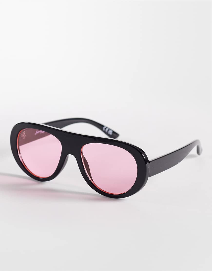 Jeepers Peepers flat top round sunglasses in black with pink lens | ASOS (Global)